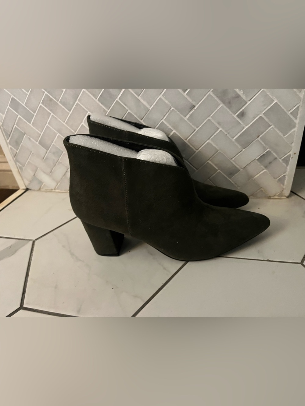 Halston Olive Vegan Suede Pointed Toe Ankle Boots